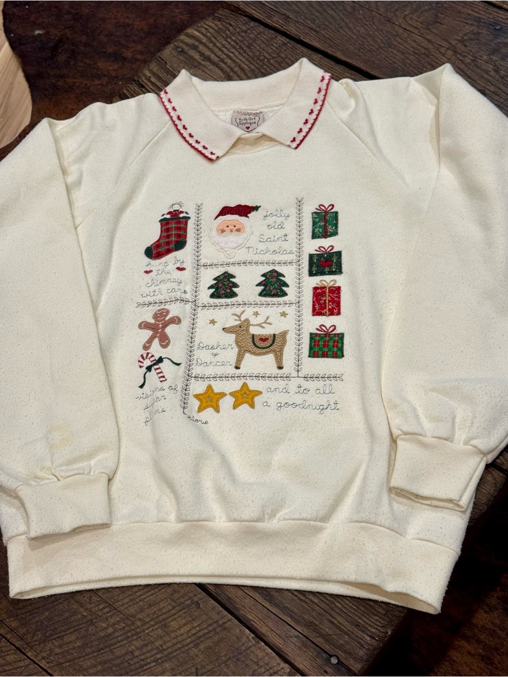 Vintage Christmas Sweatshirt with by Valorie Sockwell Folk Art Applique - Large